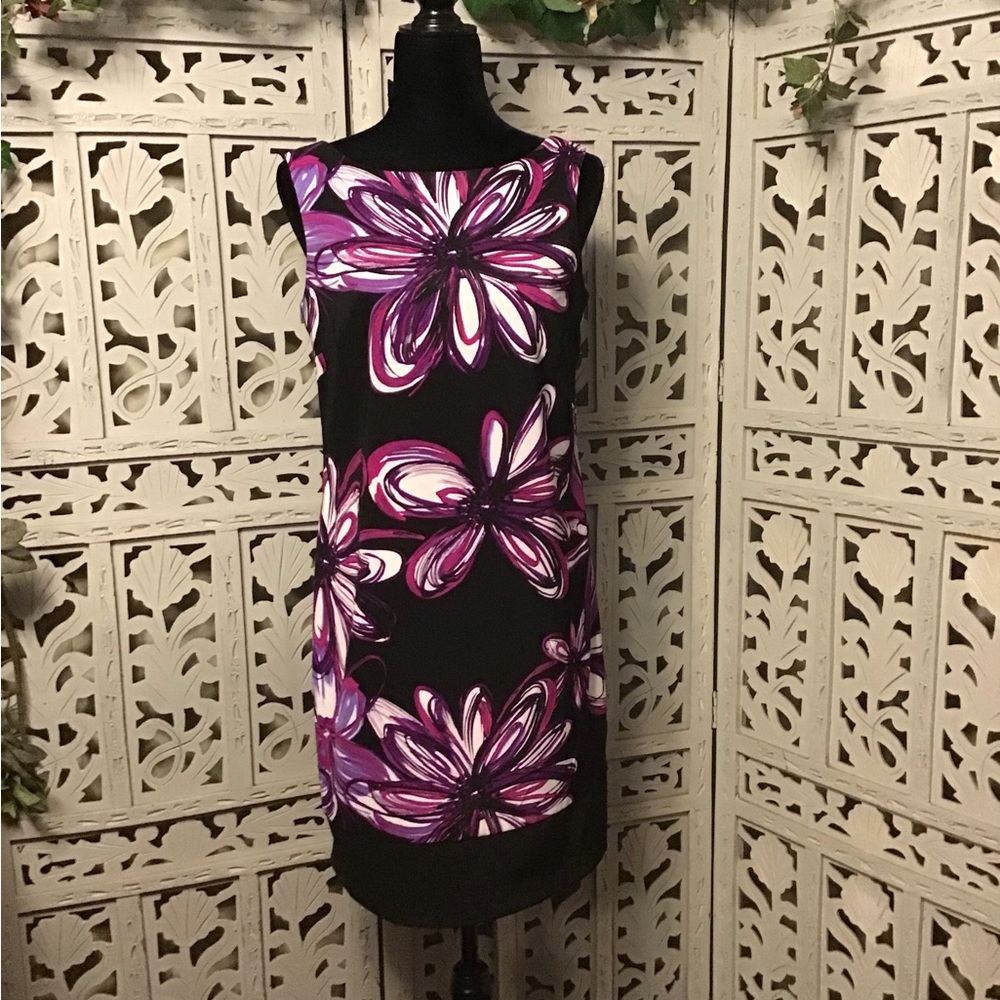 AB STUDIO BRILLIANT BLACK WITH PINK & PURPLE ACCENTS SLEEVELESS MIDI DRESS